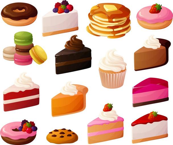 Vector illustration of various sweet desserts and cakes isolated on white background. - Vektor, kép
