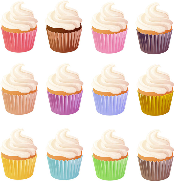 Vector illustration of various cupcakes with vanilla icing isolated on white background. - Vector, Image
