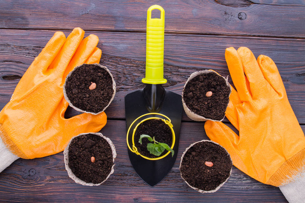 Gardening gloves and trowel with pots. - Zdjęcie, obraz