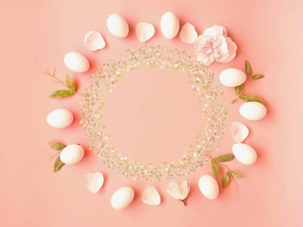 Easter  Background, Best wishes lettering  white, Eggs on Pink Flowers , Spring holiday ,Happy Easter Greetings   quotes text  template illustration   web design colorful pink  announcement,   banner template collage ,poster collage  - Zdjęcie, obraz