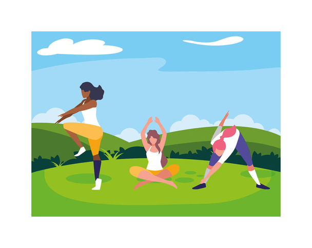 женщины на открытом воздухе практикуют йогу с фоновым пейзажем
 - Вектор,изображение