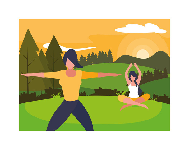 mujeres al aire libre practicando yoga con paisaje de fondo
 - Vector, Imagen