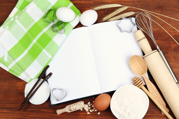 Cooking concept. Basic baking ingredients and kitchen tools close up - Zdjęcie, obraz