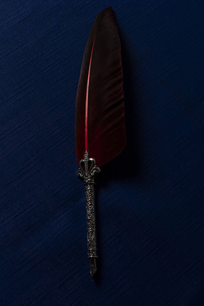 Pluma para escribir antigua de punta de plata con pluma de ave roja sobre un fondo azul clsico color en tendencia en el 2020 - Foto, Imagem
