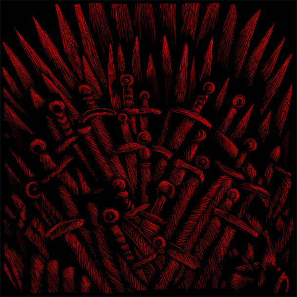 The throne of  kings and crown and cold weapons of the Middle Ages and swords or T-shirt design or outwear. Hunting swords of king background. - Vector, Image