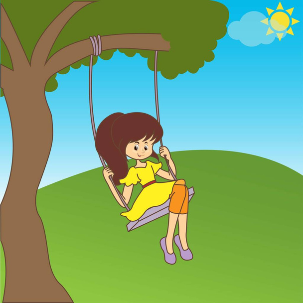 Klein meisje op een schommel buiten in de natuur - Vector, afbeelding