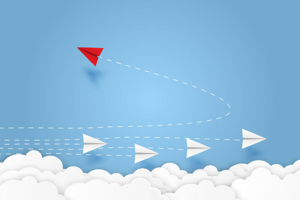 Rood papier vliegtuig veranderende richting nieuwe idee verschillende business concept papier art cut stijl vector illustratie. - Vector, afbeelding