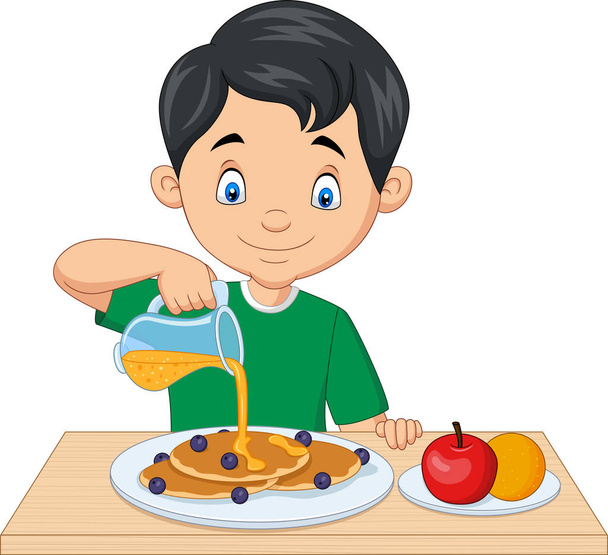 Vektorová ilustrace malého chlapce tekoucího javorového sirupu na palačinkách s borůvkami - Vektor, obrázek