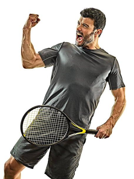 mature tennis player man happy winner strong powerful isolated white background - Foto, imagen