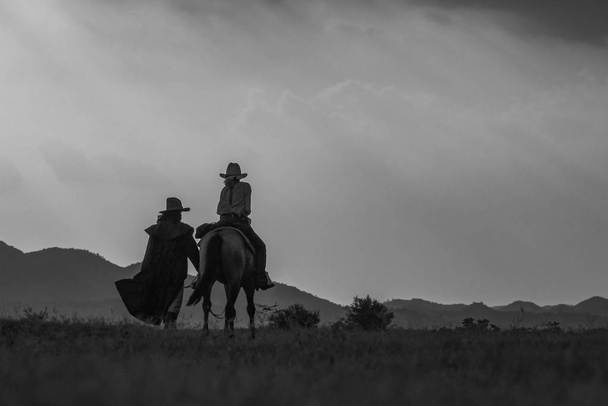 Cowboy silhouette su un cavallo durante bel tramonto
 - Foto, immagini