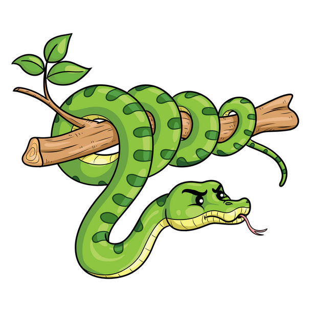 Illustration bande dessinée de serpent vert mignon sur la branche
. - Vecteur, image
