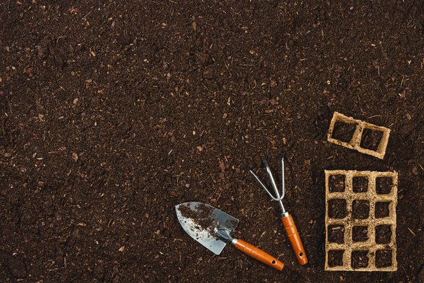 Gardening tools on soil texture background top view. - Foto, Bild