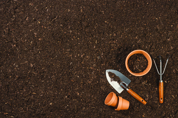 Gardening tools on soil texture background top view. - Photo, Image