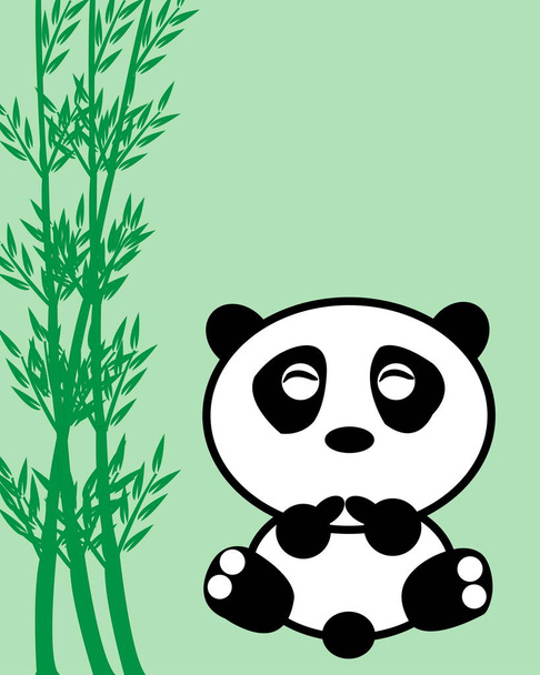 緑の背景に隔離された黒と白のパンダ。恥ずかしがり屋の顔。竹木. - 写真・画像
