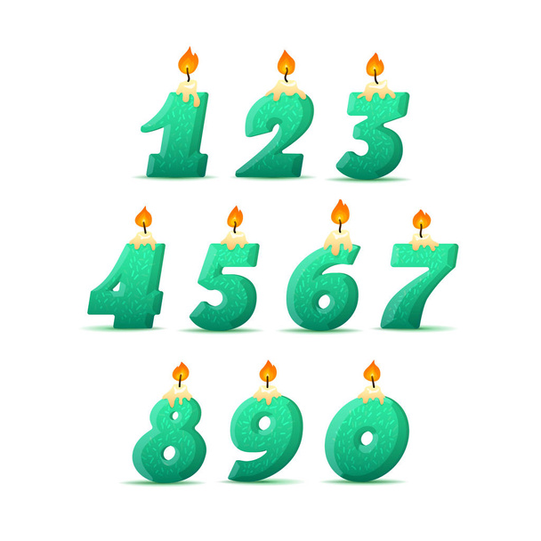 Set of colorful birthday candle numbers. Wick and fire. Vector illustration - Vector, Imagen
