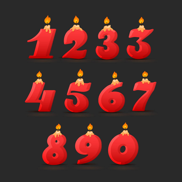Set of colorful birthday candle numbers. Wick and fire. Vector illustration - Вектор,изображение