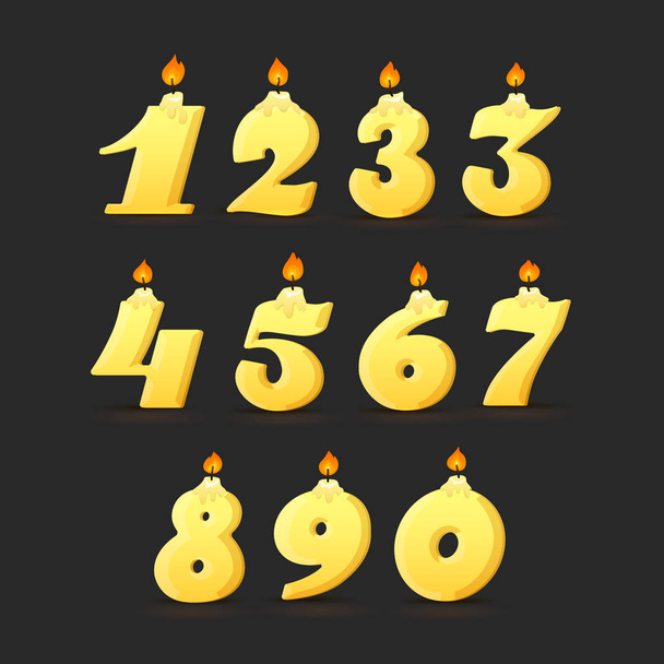 Set of colorful birthday candle numbers. Wick and fire. Vector illustration - Vecteur, image