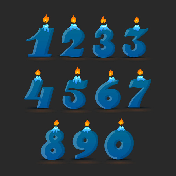 Set of colorful birthday candle numbers. Wick and fire. Vector illustration - Vector, Imagen