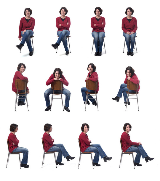 mujer sentada en una silla con varias poses en blanco
 - Foto, Imagen