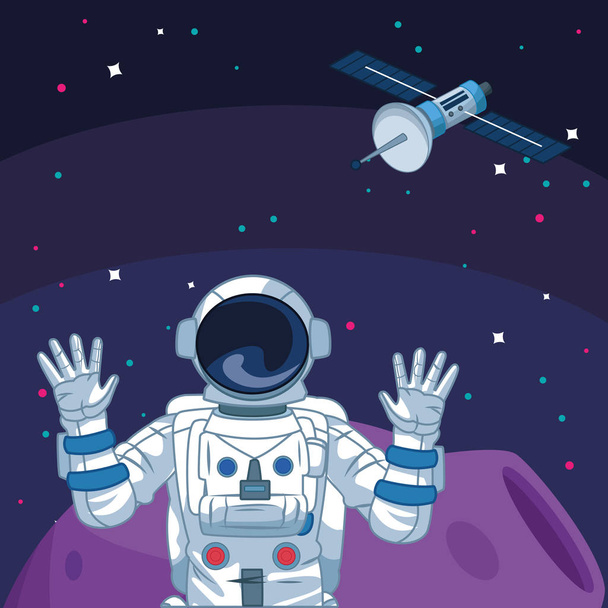 αστροναύτης σε δορυφόρο φεγγάρι Starry εξερεύνηση του διαστήματος - Διάνυσμα, εικόνα
