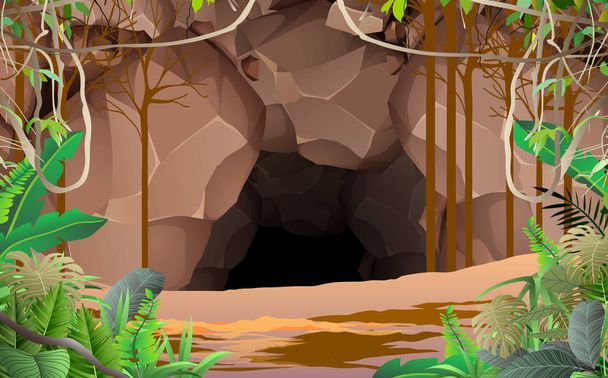 táj barlang a dzsungelben - Vektor, kép