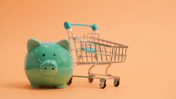 Prasátko banka s košíkem na modrém pozadí. online nakupování, ukládání vašeho rodinného rozpočtu - Fotografie, Obrázek