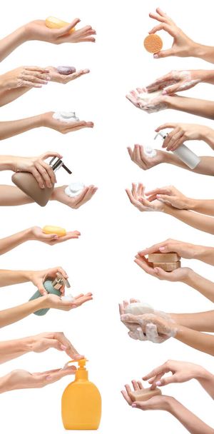 Muchas manos femeninas con jabón diferente sobre fondo blanco
 - Foto, Imagen