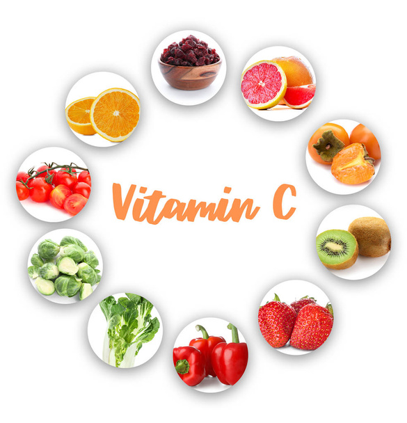 Set di prodotti ricchi di vitamina C su sfondo bianco
 - Foto, immagini