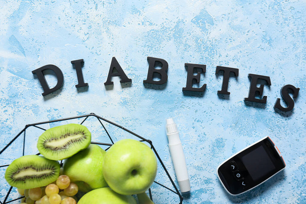 果物、グルメ、ランセットペン、単語糖尿病の色の背景 - 写真・画像