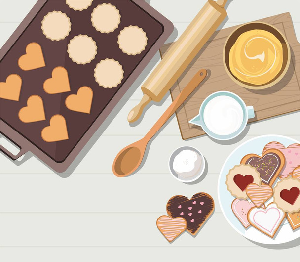 Valentin nap. Sütőeszközök és főzőanyagok süteményekhez és süteményekhez. Felülnézet.  - Vektor, kép