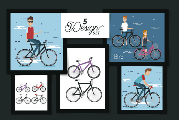 five designs of young people and bikes - Vector, Image