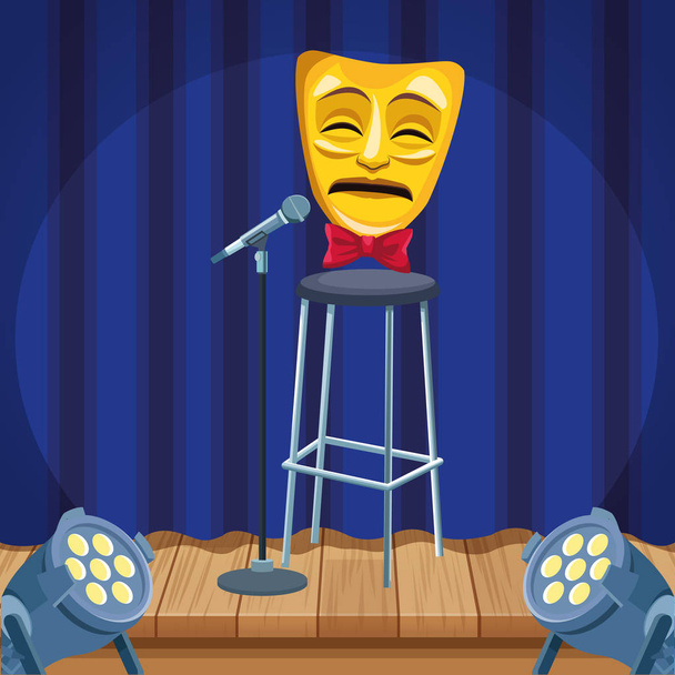 Tragödie Theatermaske Mikrofonhocker beleuchtet Stand-up-Comedy-Show - Vektor, Bild
