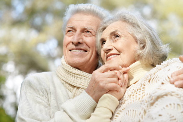 smiling senior couple  hugging  in autumn  park - 写真・画像