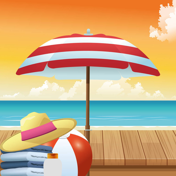 Sommerzeit im Strandurlaub Sonnenschirm Hut Ball Handtücher und Sonnencreme - Vektor, Bild