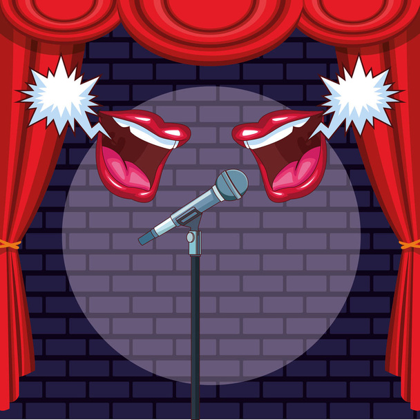 bocas falando microfone palco luz stand up comédia show
 - Vetor, Imagem