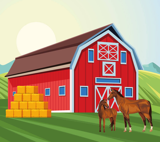 farming barn horses and bales of hay field farm - Vector, Image