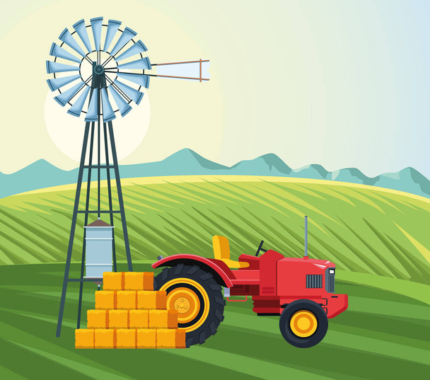 mezőgazdasági terület traktor szélmalommal és szénabálákkal - Vektor, kép