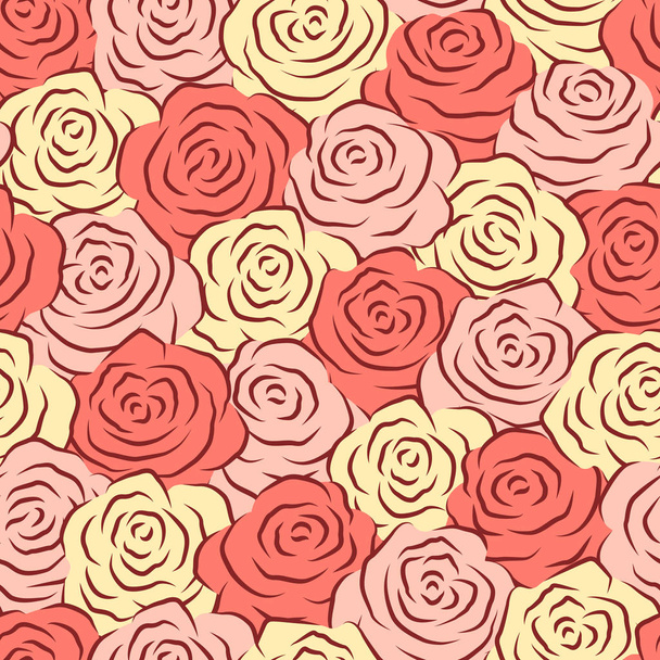 Vector illustration. Flowers roses, red, pink, yellow and white buds. Buds of roses in a seamless pattern. Silhouette of a rose. - Vector, Image