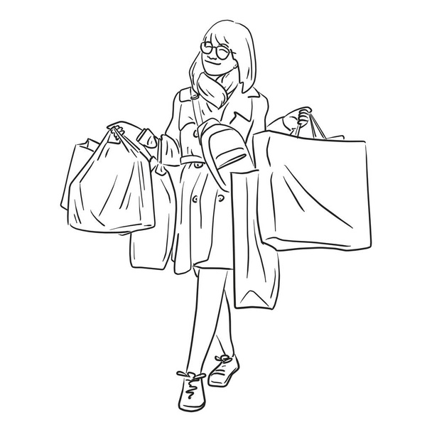Мода женщина с сумками векторные иллюстрации рисунок рисунок каракули руки на белом фоне
 - Вектор,изображение
