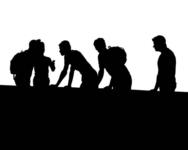 Men and women with backpacks at stone parapet. Isolated silhouettes of people on a white background - Vector, Image