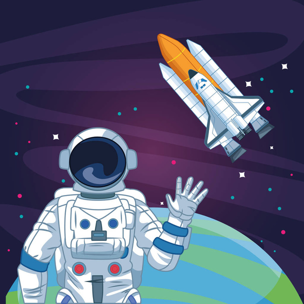 astronautti heiluttaa käsin avaruusalus planeetta etsintä
 - Vektori, kuva