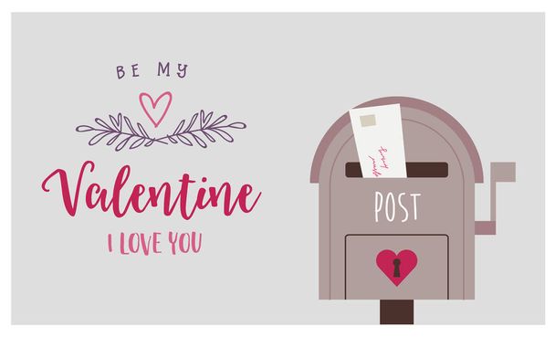 Valentine s day greeting card with post box and love letter. Cute vector illustration in flat style with lettering - Vector, Image