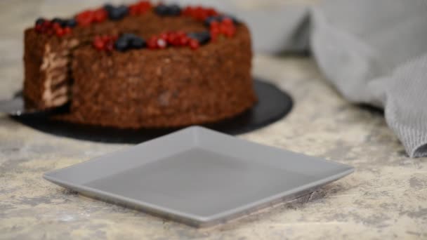 French Chocolate Napoleon cake of puff pastry with berries on a plate close-up. - Materiał filmowy, wideo