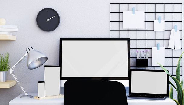 Nowoczesne i minimalistyczne biurko z różnymi urządzeniami i moadboard z spinaczami makiety - Zdjęcie, obraz