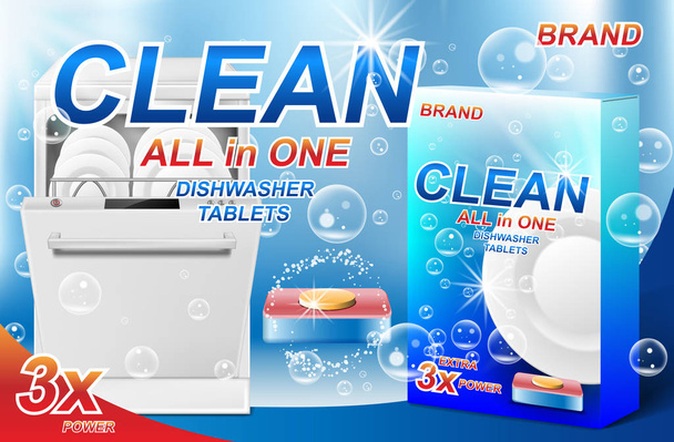 Lavare i piatti annunci di sapone. Imballaggio realistico in plastica per lavastoviglie con design detergente. Compressa per lavastoviglie. Illustrazione vettoriale 3d
 - Vettoriali, immagini