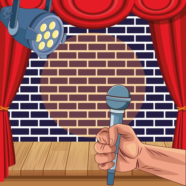 mão com microfone holofotes parede tijolo palco stand up comédia show
 - Vetor, Imagem