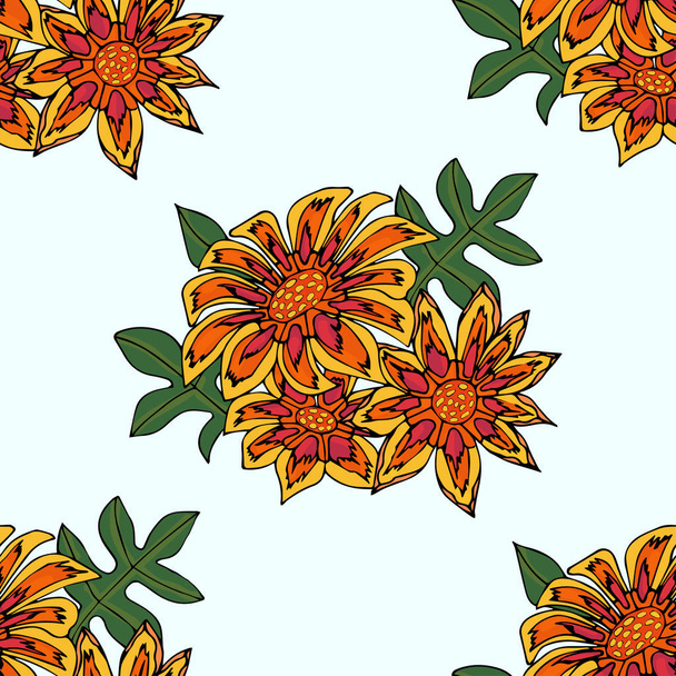 Seamless pattern with beautiful hand drawn gazania flowers. Vector doodle isolated on white background. - Vettoriali, immagini