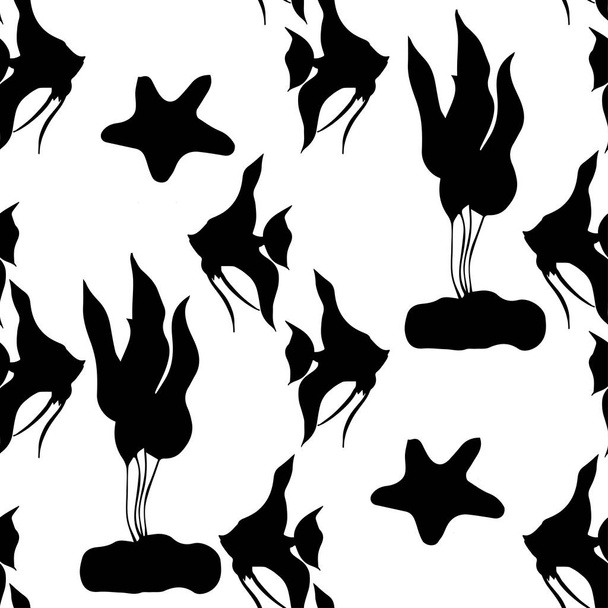 Isolated black silhouette of fish, plants and starfish - vector illustration. - Vettoriali, immagini