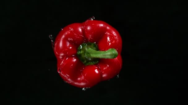 Super slow motion of rotating red pepper with water drops. Filmed on high speed cinema camera, 1000 fps. - Imágenes, Vídeo