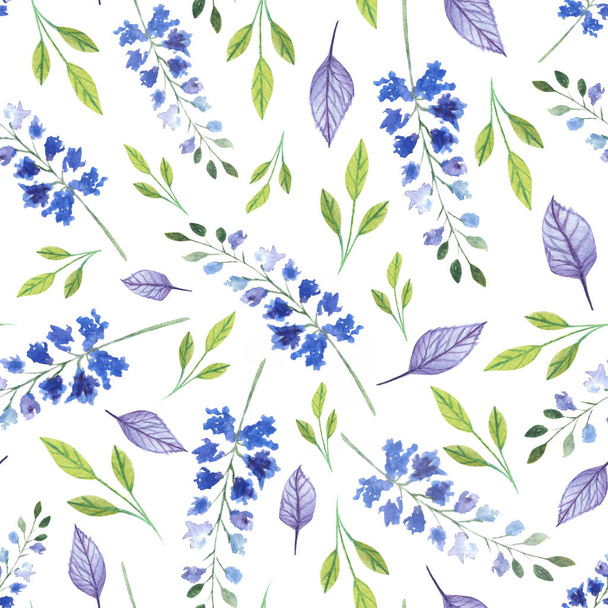 Aquarel blauwe bloemen met bladeren hand geschilderd naadloos patroon met witte achtergrond. - Foto, afbeelding